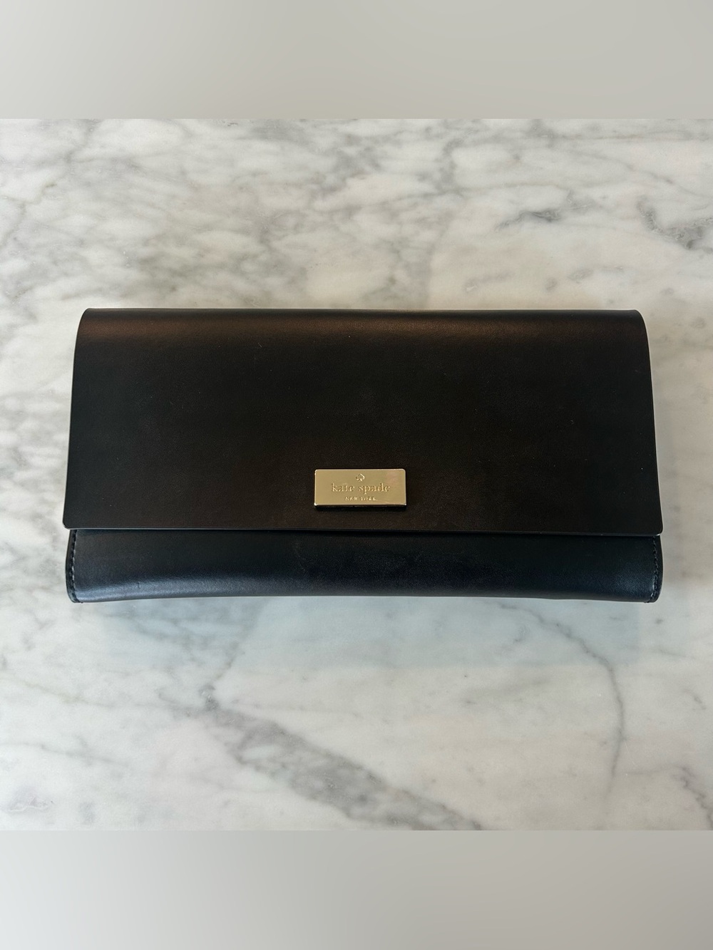 kate spade Clutch or Large Wallet Black Leather Foldover Flap Gold Hardware GUC